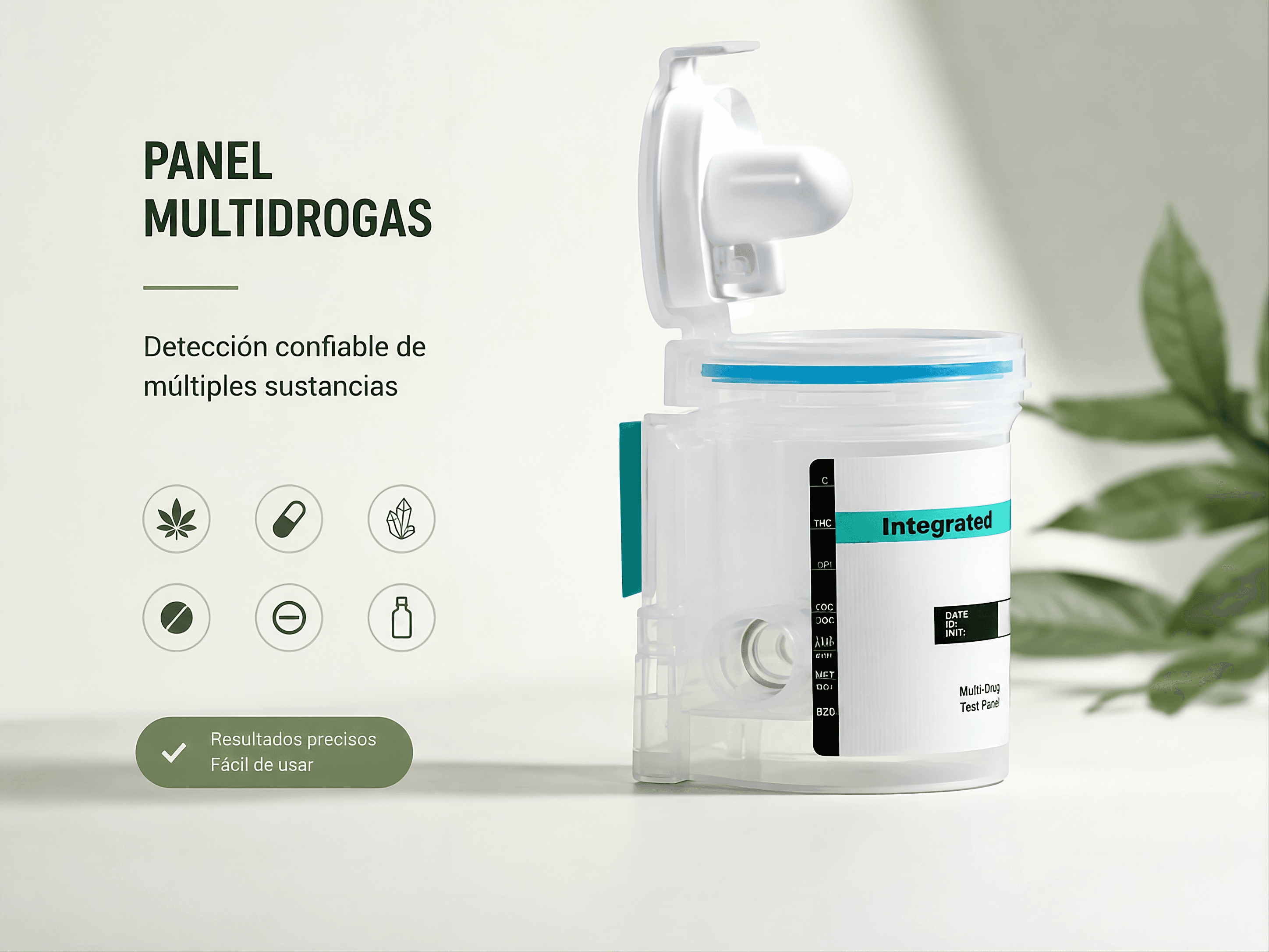 Cassette todo-en-uno con los 6 reactivos en un solo dispositivo. Muestra de orina, resultado clínico en 5 minutos y registro consolidado por candidato.